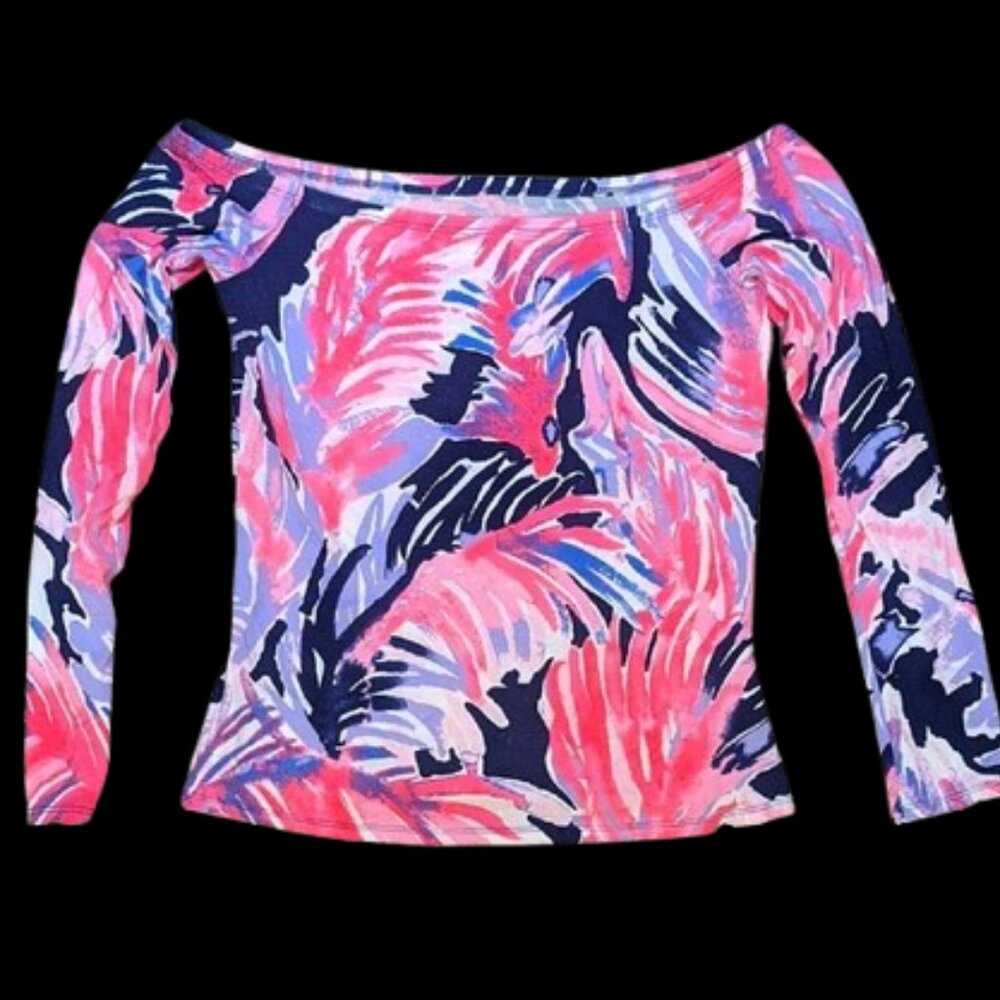 Lilly Pulitzer Blue and Pink Off-the-Shoulder Fitted Top Size XS